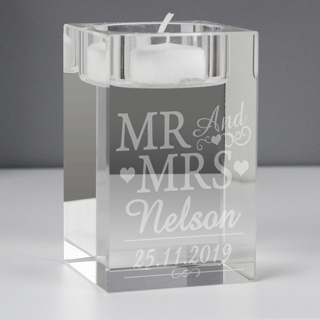 Personalised Mr & Mrs Glass Tea Light Candle Holder - Buy Candles & Reed Diffusers at GiftMasters.co.uk