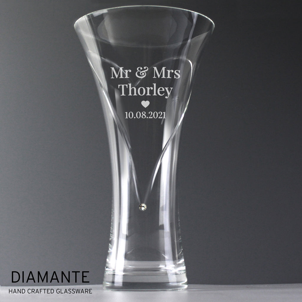 Personalised Mr & Mrs Large Hand Cut Diamante Heart Vase - Buy Vases at GiftMasters.co.uk