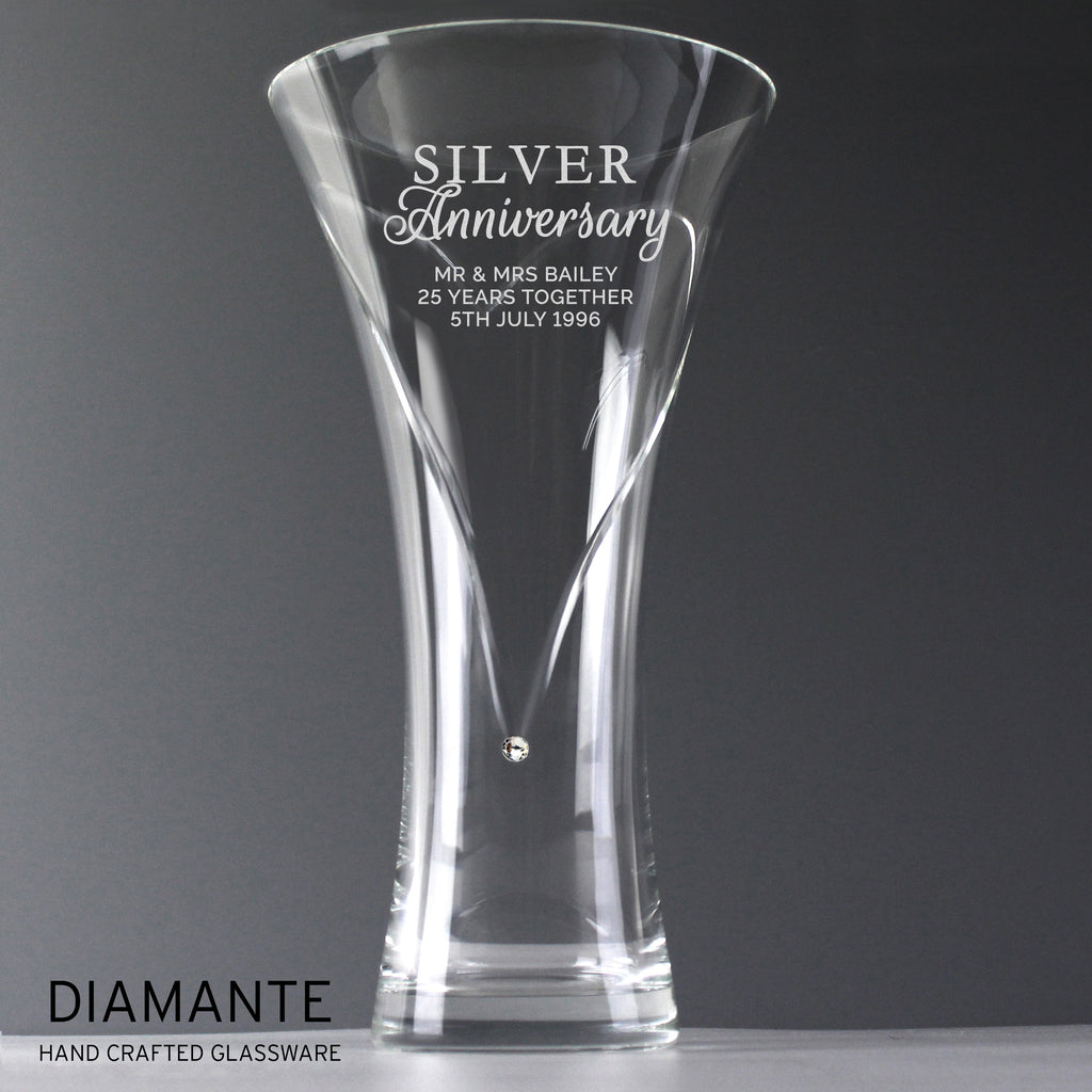 Personalised Silver Anniversary Large Hand Cut Diamante Heart Vase - Buy Vases at GiftMasters.co.uk