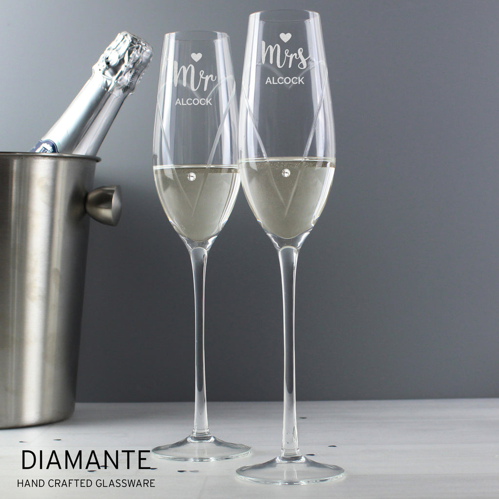 Personalised Hand Cut Mr & Mrs Pair of Flutes in Gift Box - Buy Glasses & Barware at GiftMasters.co.uk