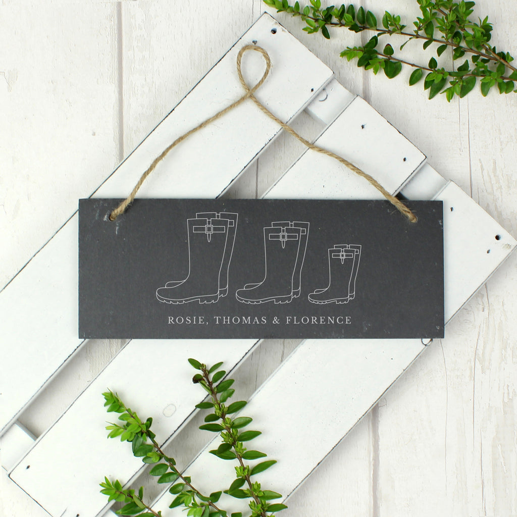 Personalised Welly Boot Family of Three Hanging Slate Plaque - Buy Hanging Decorations & Signs at GiftMasters.co.uk