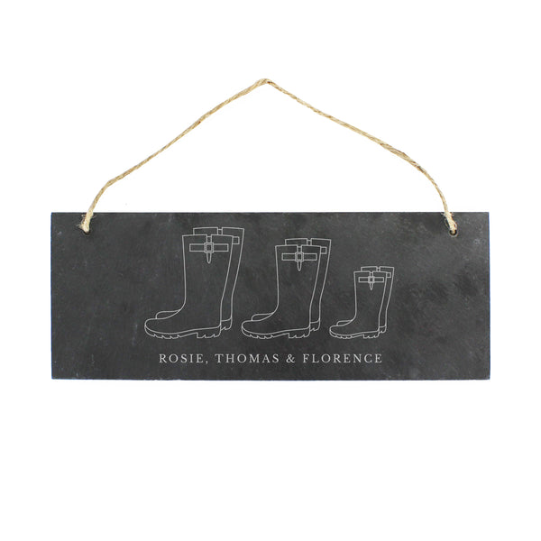 Personalised Welly Boot Family of Three Hanging Slate Plaque