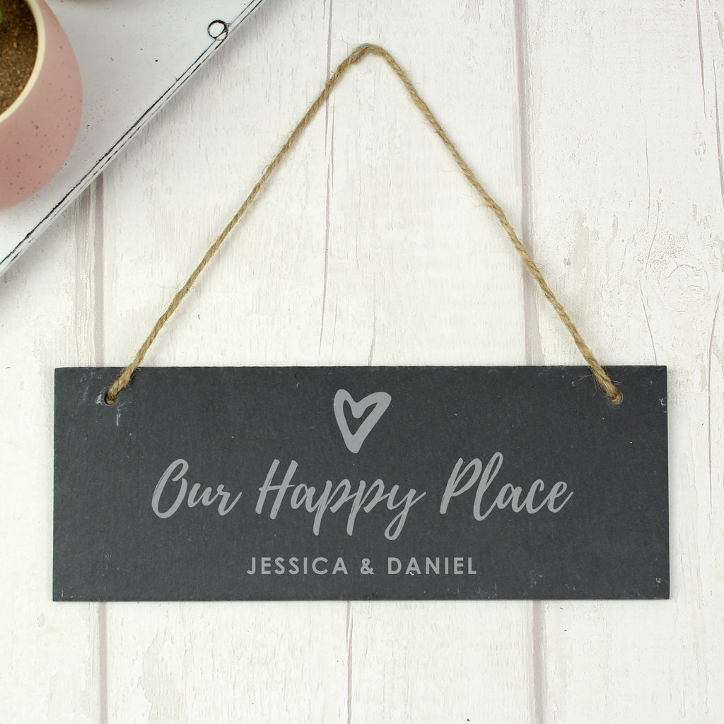 Personalised Our Happy Place Hanging Slate Plaque - Buy Slate at GiftMasters.co.uk