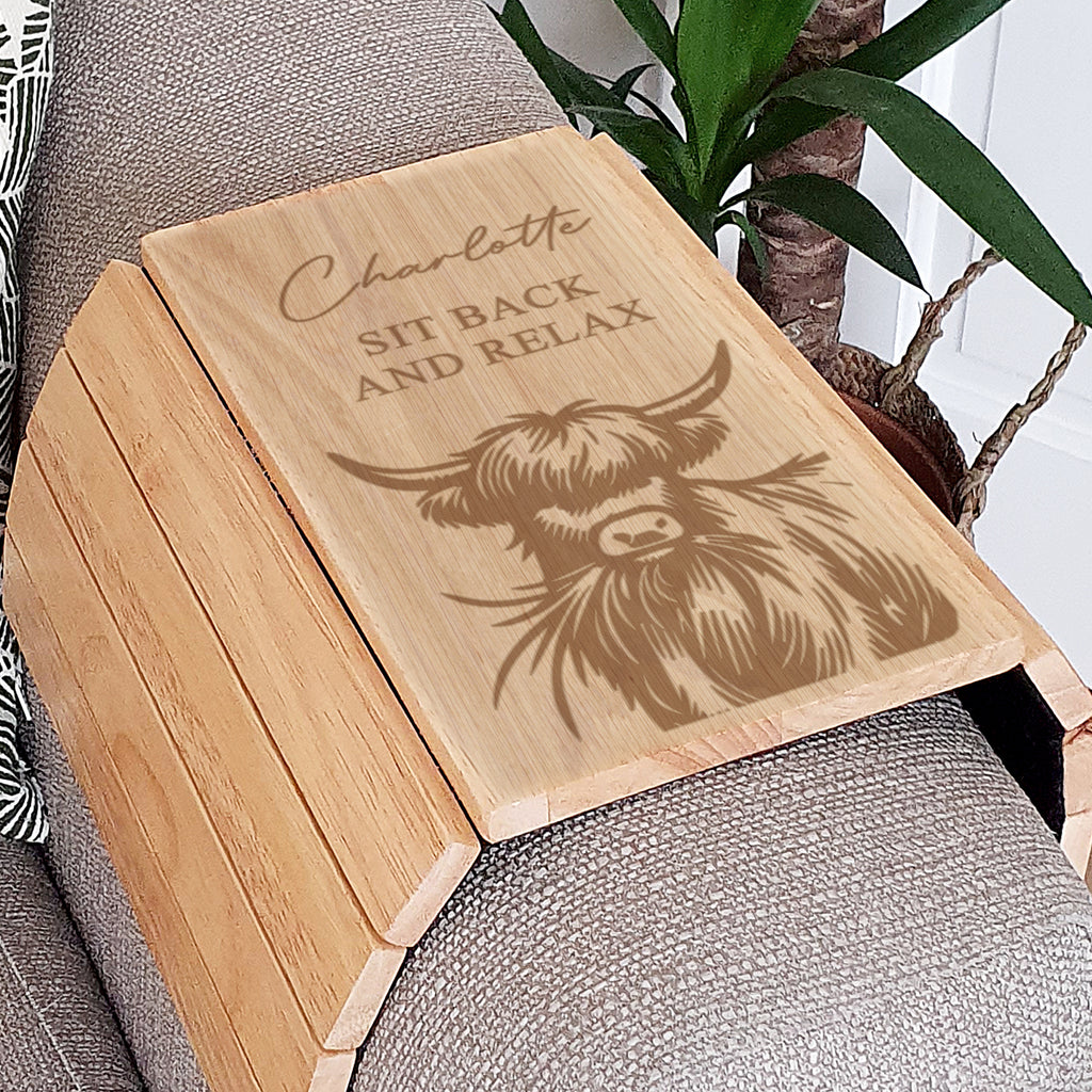 Personalised Highland Cow Sofa Tray - Buy Wooden at GiftMasters.co.uk