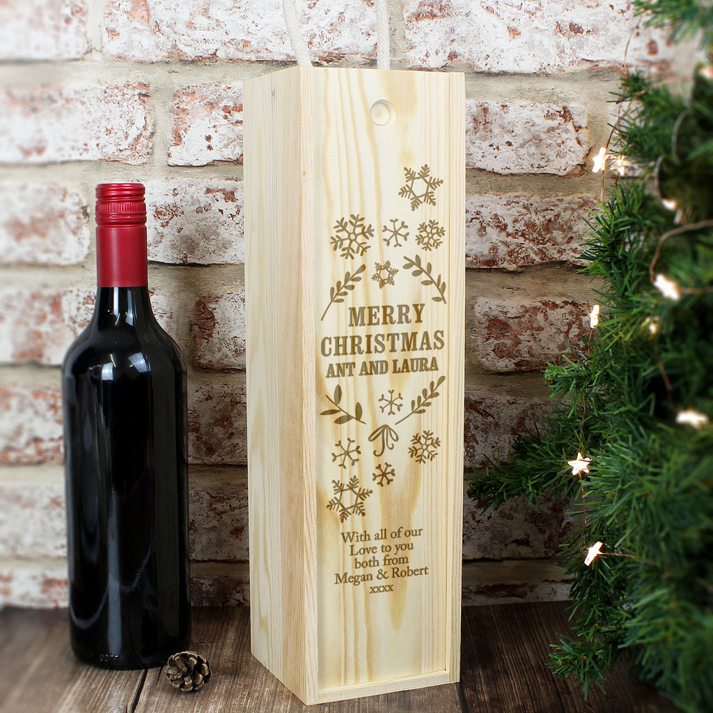 Personalised Christmas Frost Wooden Wine Bottle Box - Buy Glasses & Barware at GiftMasters.co.uk