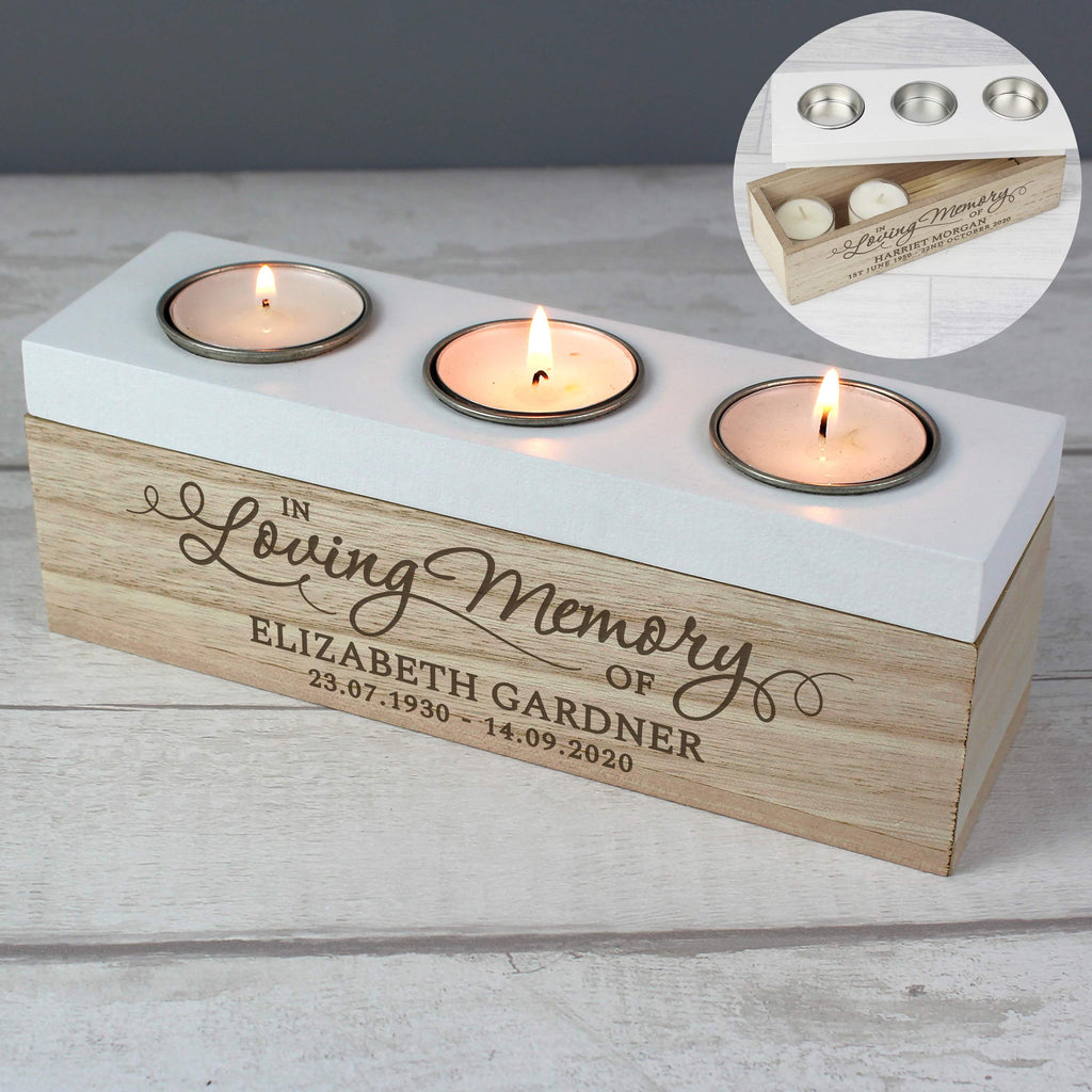 Personalised In Loving Memory Triple Tea Light Box - Buy Wooden at GiftMasters.co.uk