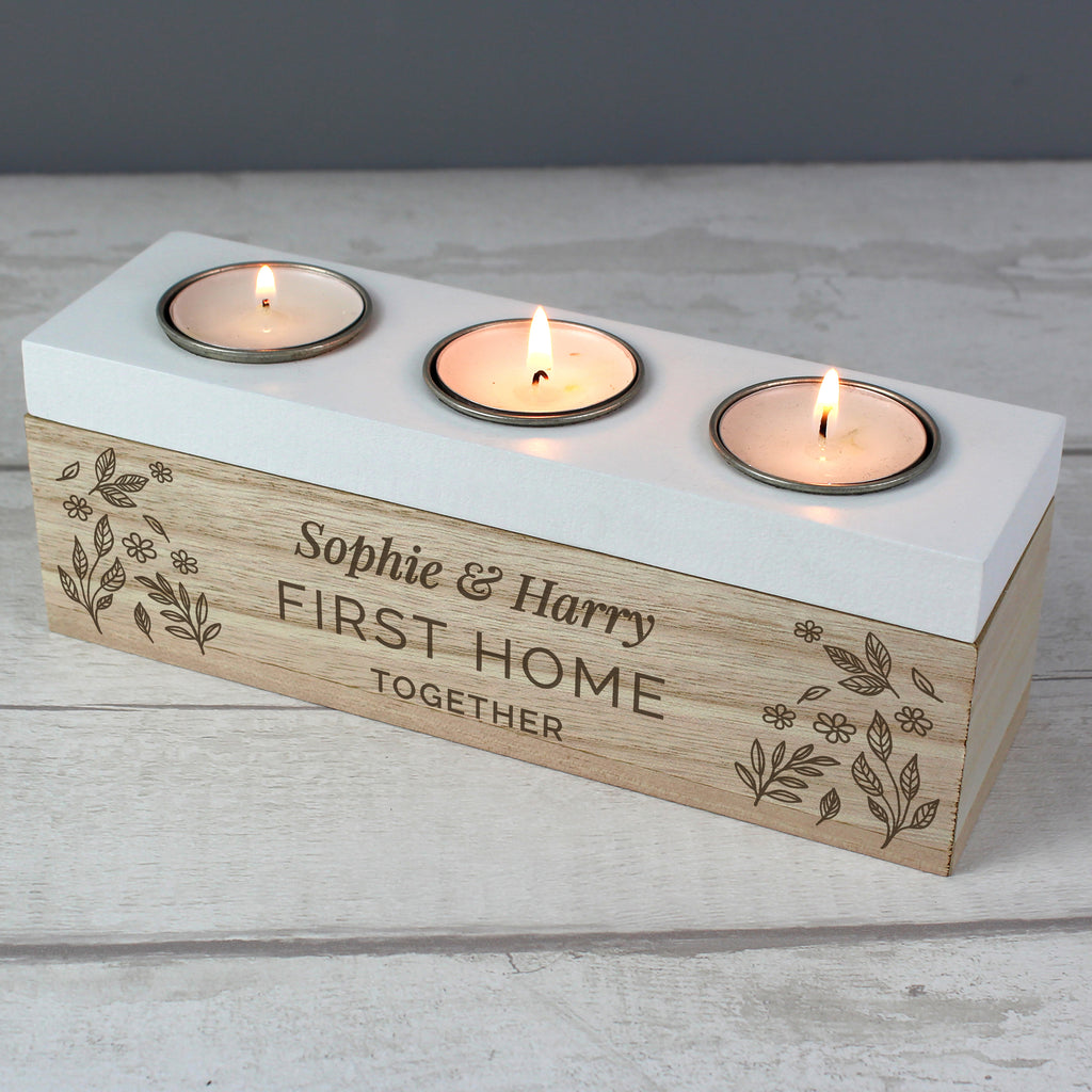 Personalised Floral Triple Tea Light Box - Buy Wooden at GiftMasters.co.uk