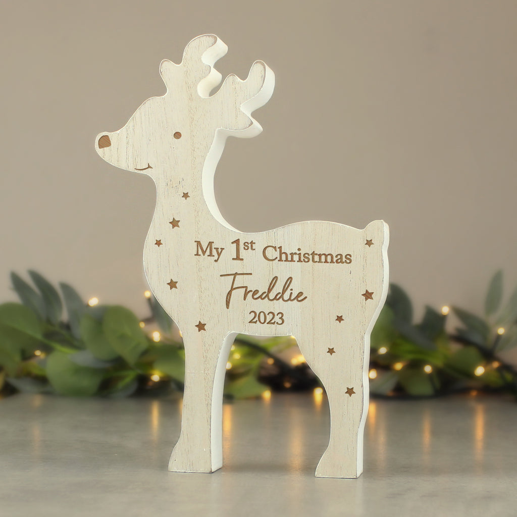 Personalised '1st Christmas' Rustic Wooden Reindeer Decoration - Buy Hanging Decorations & Signs at GiftMasters.co.uk