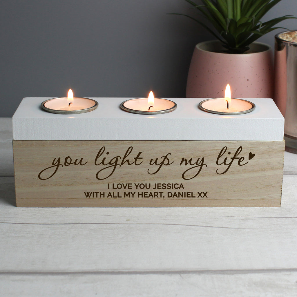 Personalised You Light Up My Life Triple Tea Light Box - Buy Wooden at GiftMasters.co.uk