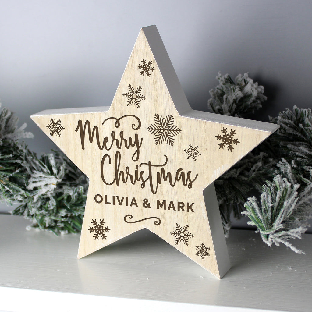 Personalised Merry Christmas Rustic Wooden Star Decoration - Buy Christmas Decorations at GiftMasters.co.uk