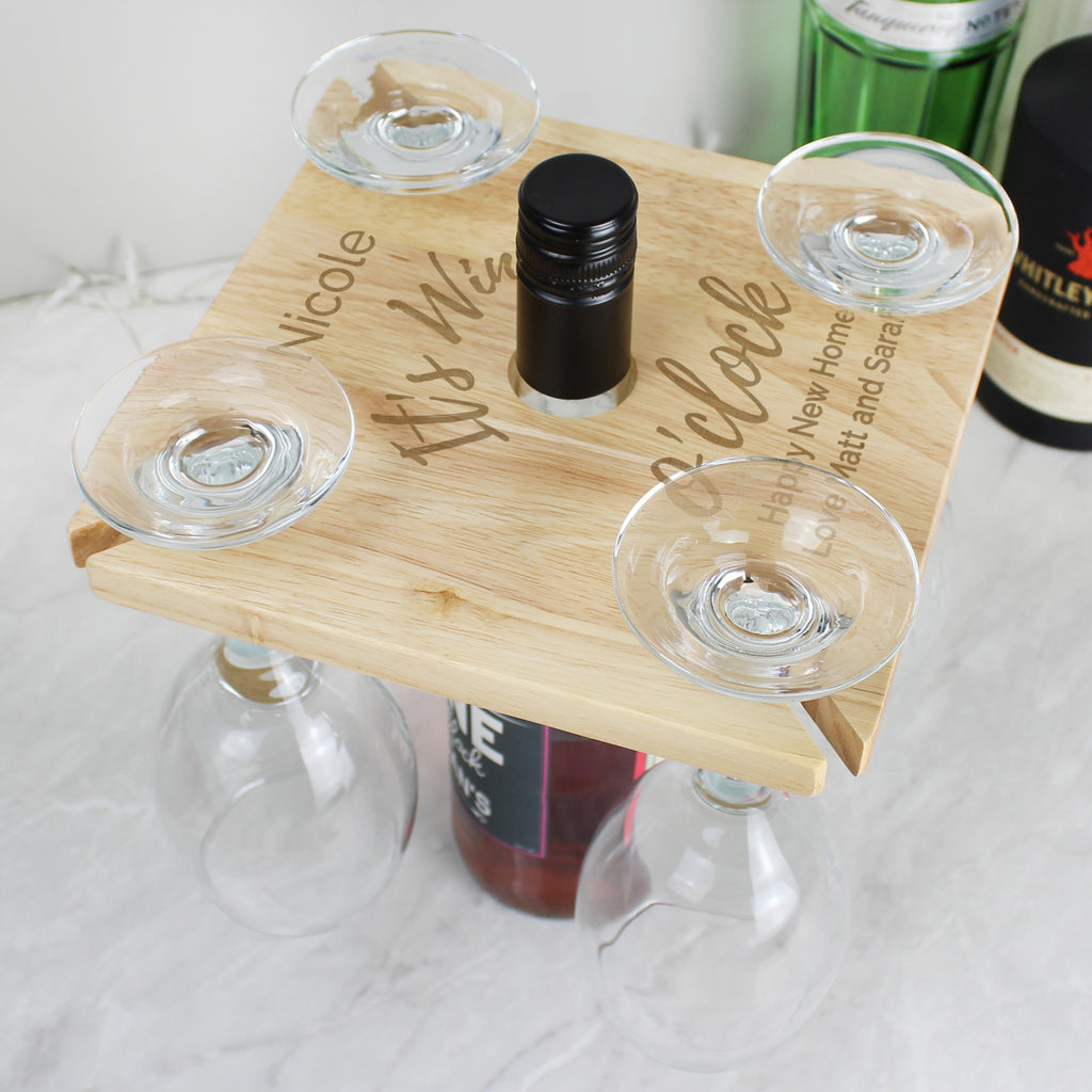 Personalised Wine O'clock Four Wine Glass Holder & Bottle Holder - Buy Wooden at GiftMasters.co.uk