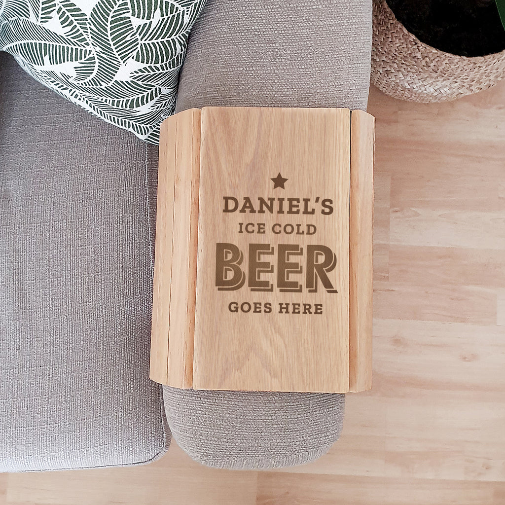 Personalised Beer Goes Here Wooden Sofa Tray - Buy Wooden at GiftMasters.co.uk
