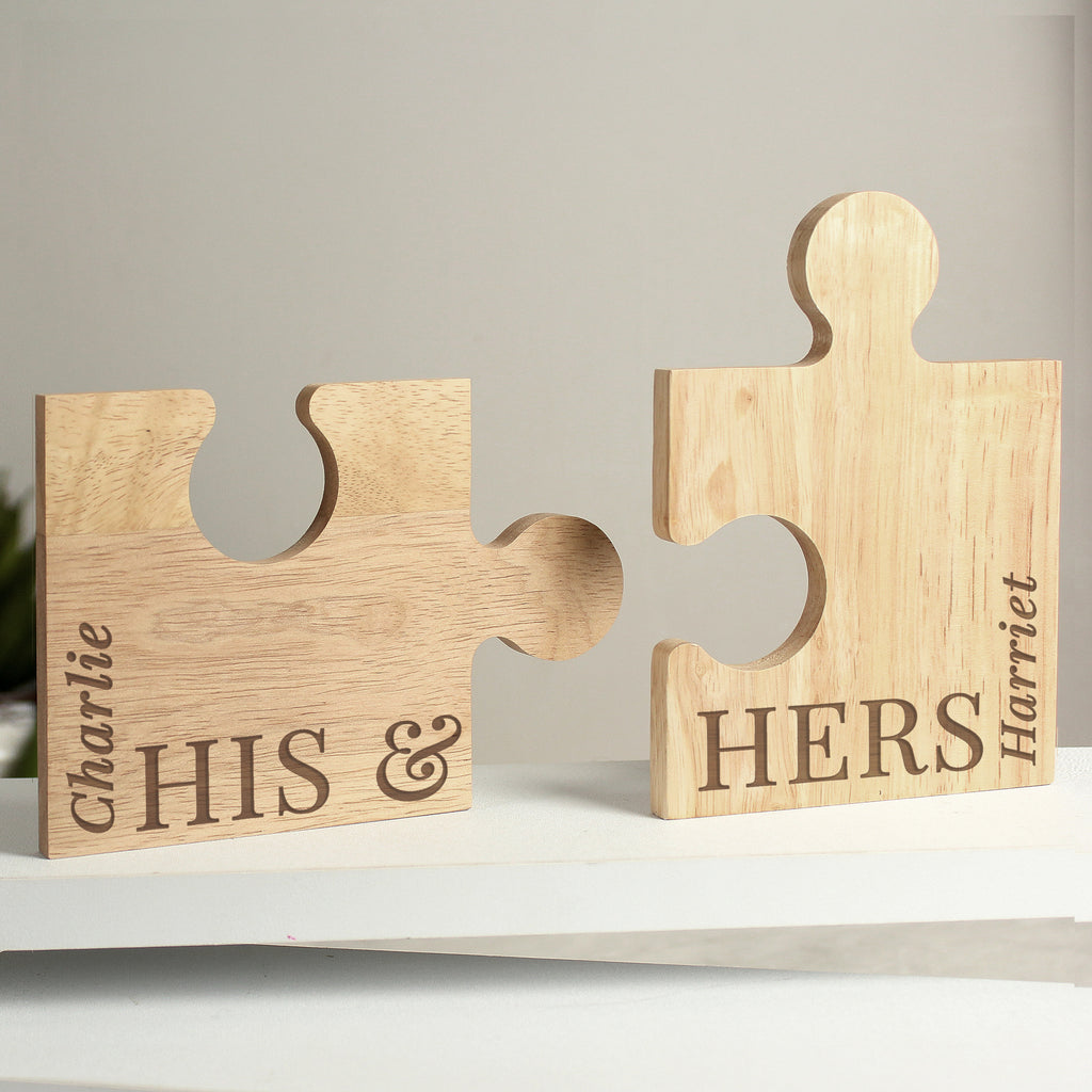 Personalised His & Hers Jigsaw Piece Set - Buy Wooden at GiftMasters.co.uk