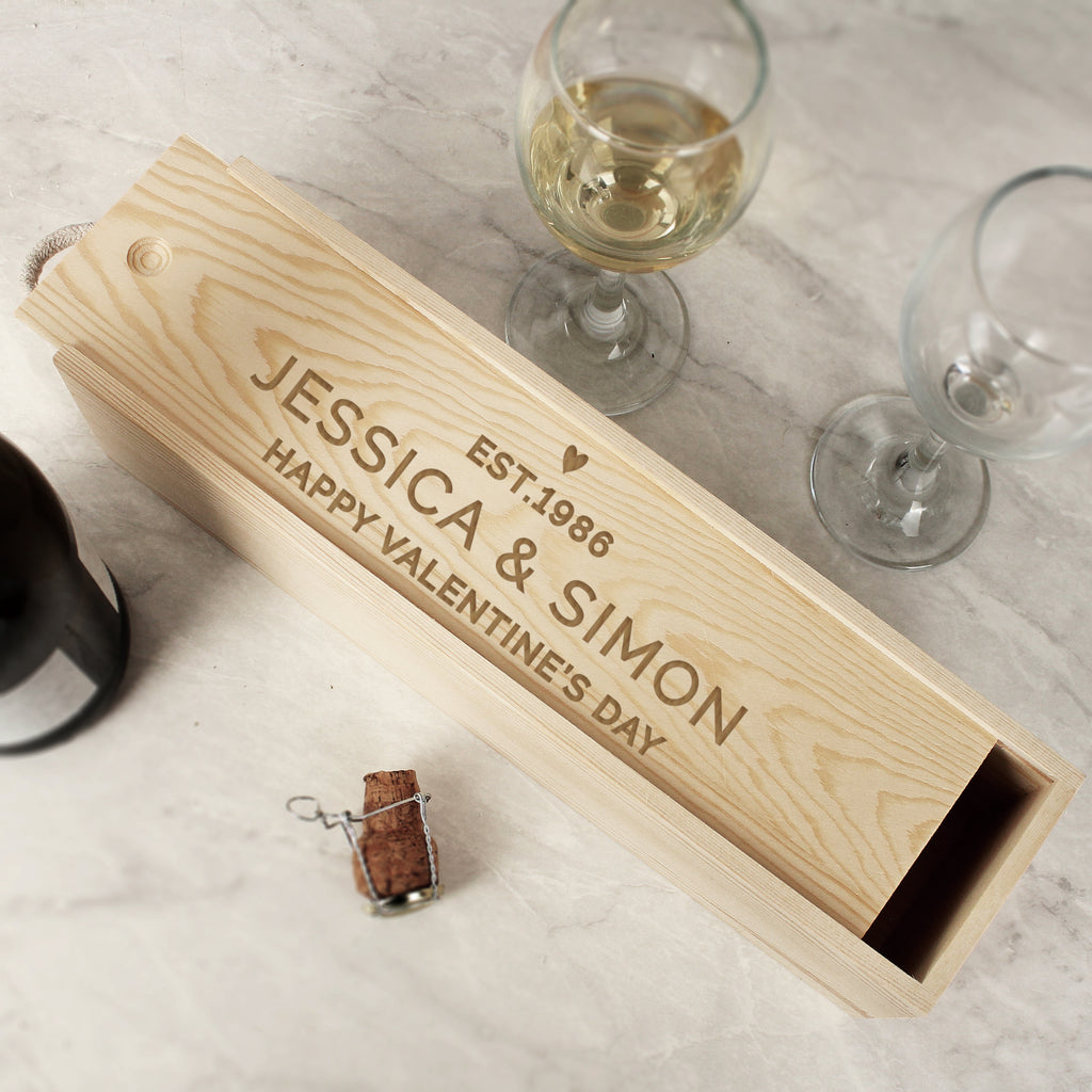 Personalised Love Heart Wooden Wine Bottle Box - Buy Glasses & Barware at GiftMasters.co.uk