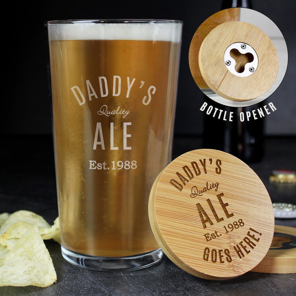 Personalised Free Text Bamboo Bottle Opener Coaster and Pint Glass - Buy Glasses & Barware at GiftMasters.co.uk