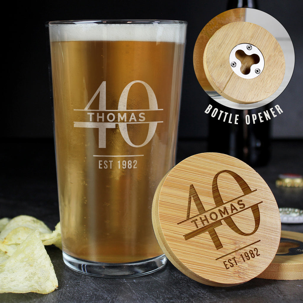 Personalised Big Age Bamboo Bottle Opener Coaster and Pint Glass Set - Buy Glasses & Barware at GiftMasters.co.uk