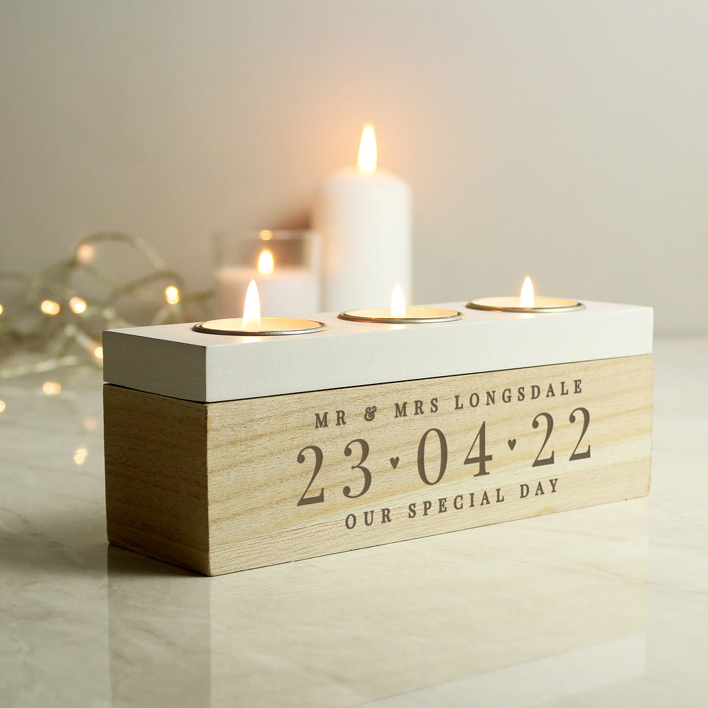 Personalised Special Date Triple Tea Light Box - Buy Candles & Reed Diffusers at GiftMasters.co.uk
