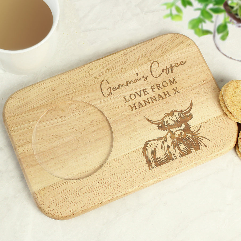 Personalised Highland Cow Wooden Coaster Tray - Buy Wooden at GiftMasters.co.uk