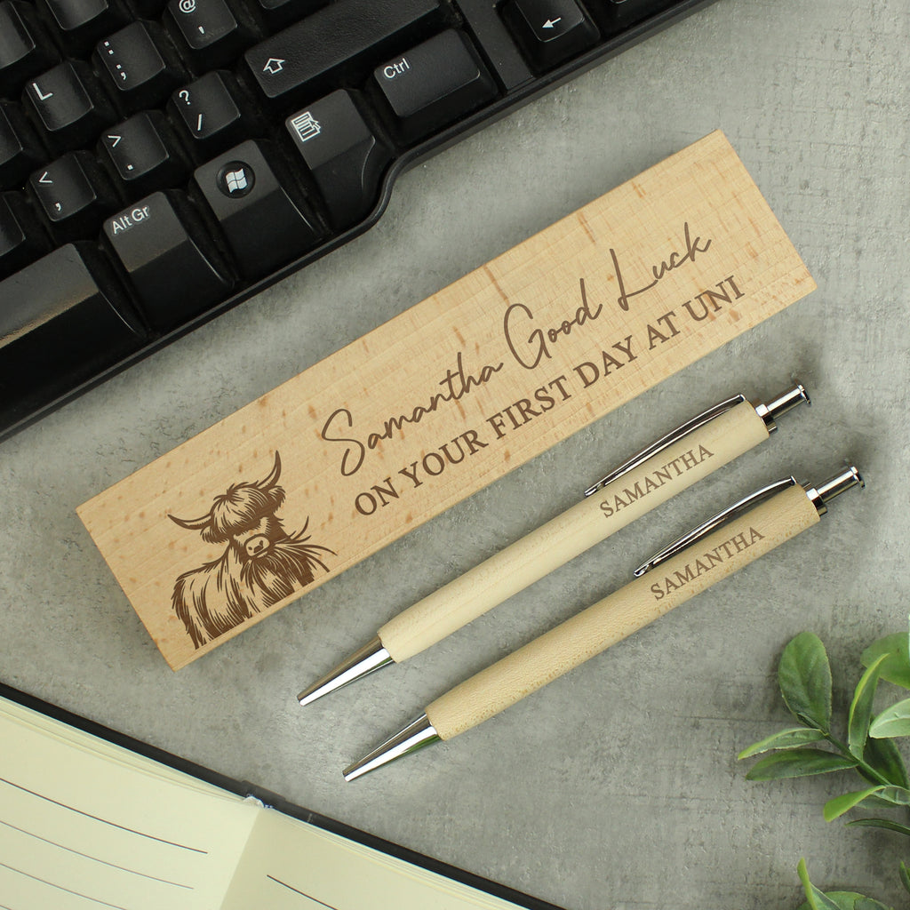 Personalised Highland Cow Wooden Pen & Pencil Set - Buy Stationery & Pens at GiftMasters.co.uk