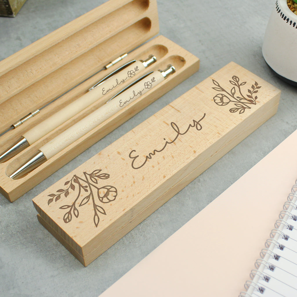 Personalised Floral Wooden Pen and Pencil Set - Buy Stationery & Pens at GiftMasters.co.uk