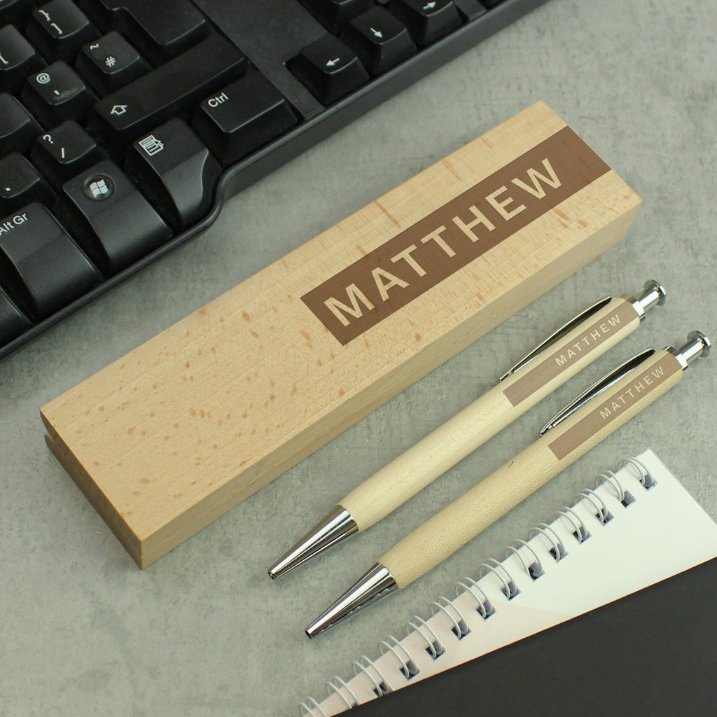 Personalised Name Only Wooden Pen and Pencil Set - Buy Stationery & Pens at GiftMasters.co.uk