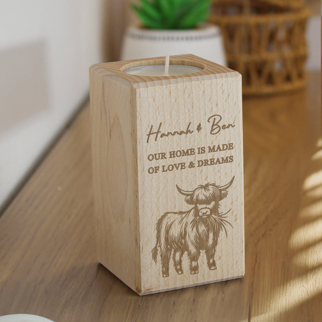 Personalised Highland Cow Wooden Tealight Holder - Buy Wooden at GiftMasters.co.uk