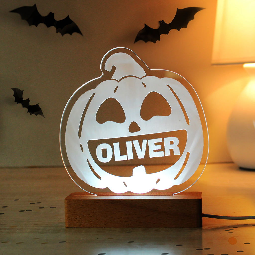 Personalised Pumpkin Wooden LED Light - Buy LED Lights, Candles & Decorations at GiftMasters.co.uk