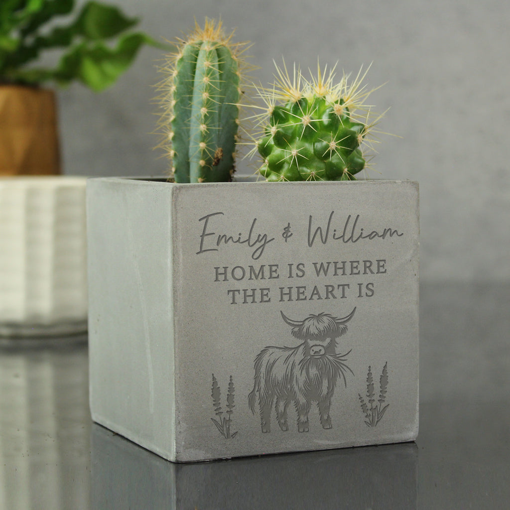 Personalised Highland Cow Concrete Plant Pot - Buy Vases at GiftMasters.co.uk
