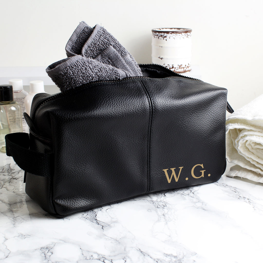 Personalised Luxury Initials Black leatherette Wash Bag - Buy Leather & Leatherette at GiftMasters.co.uk