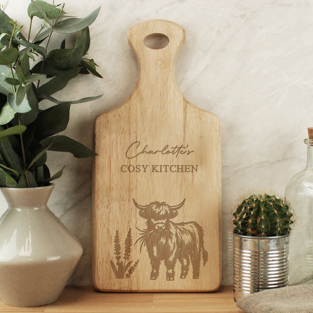 Personalised Highland Cow Paddle Chopping Board - Buy Kitchen, Baking & Dining Gifts at GiftMasters.co.uk