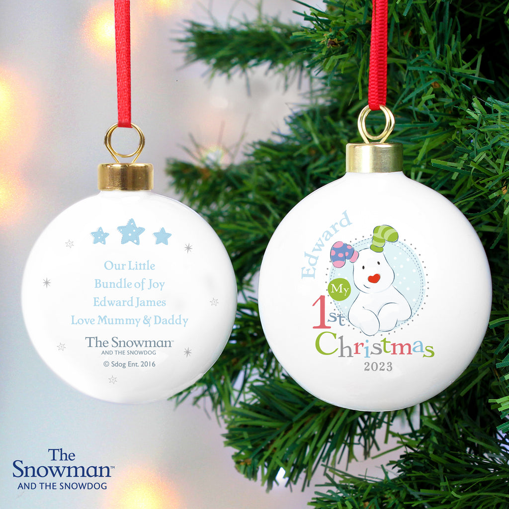 Personalised The Snowman and the Snowdog My 1st Christmas Blue Bauble - Buy Christmas Decorations at GiftMasters.co.uk