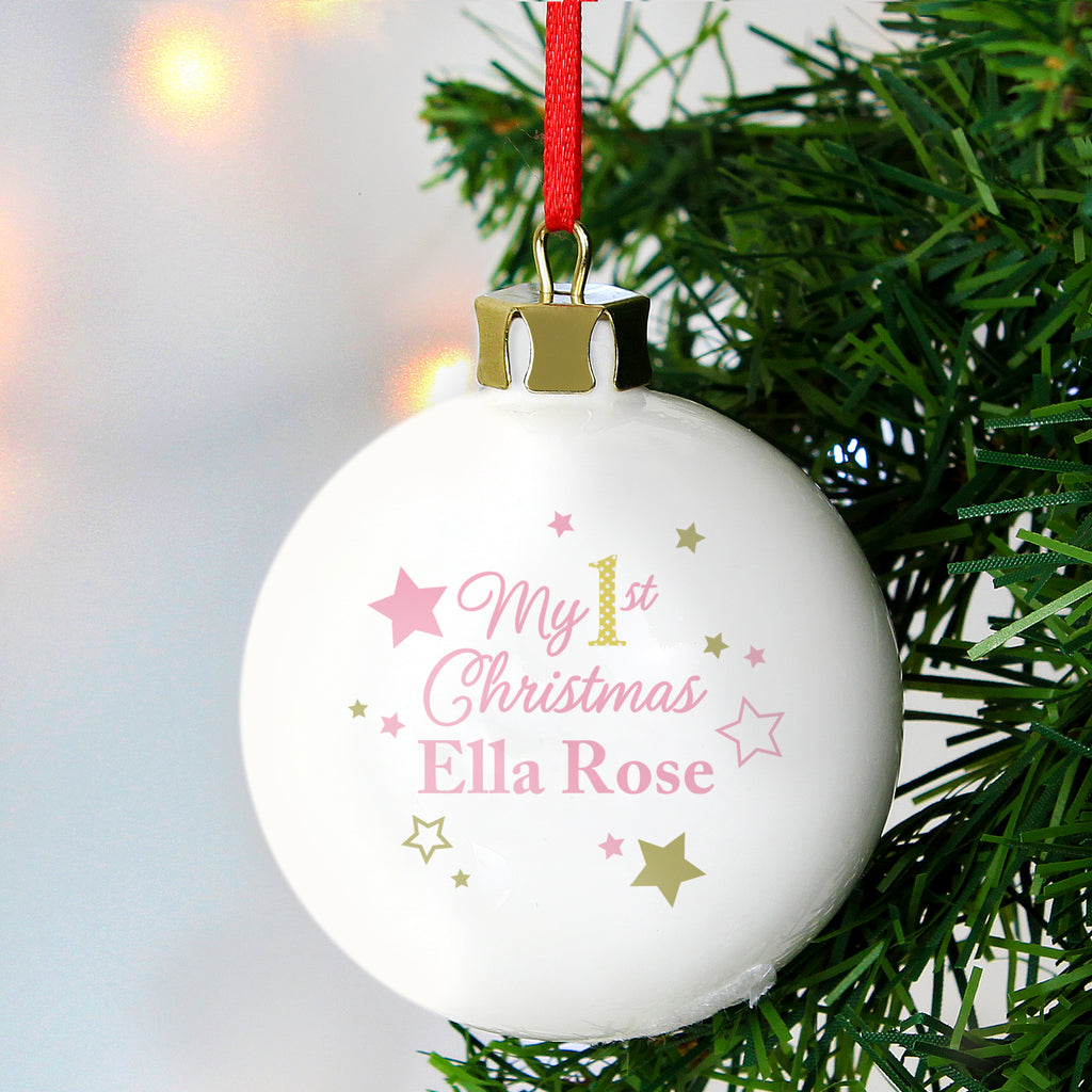 Personalised Gold & Pink Stars My 1st Christmas Bauble - Buy Christmas Decorations at GiftMasters.co.uk
