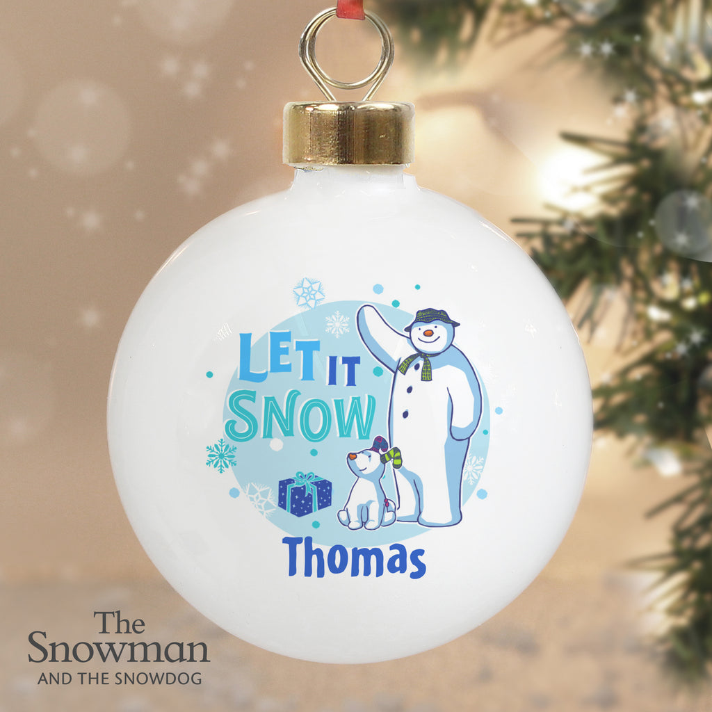 Personalised The Snowman and the Snowdog Blue Bauble - Buy Christmas Decorations at GiftMasters.co.uk