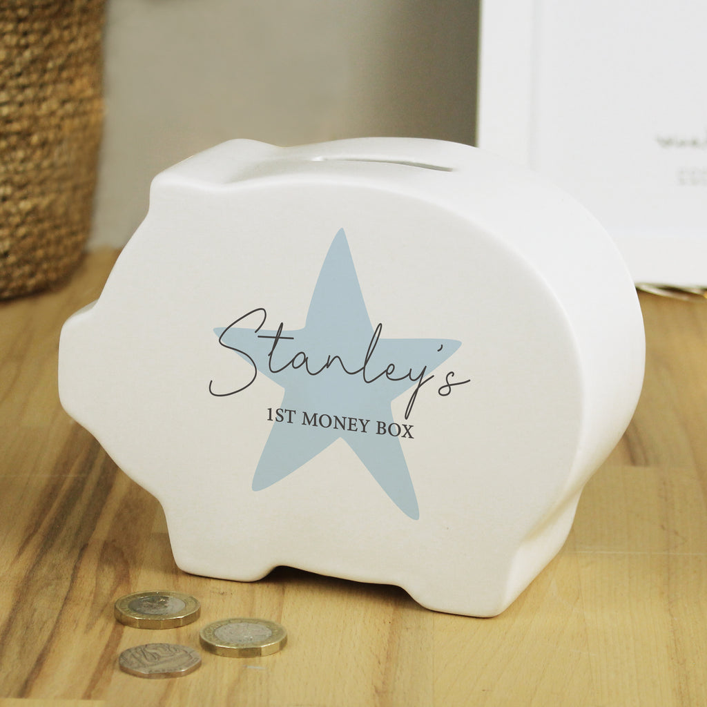 Personalised Blue Star Piggy Bank - Buy Money Boxes at GiftMasters.co.uk