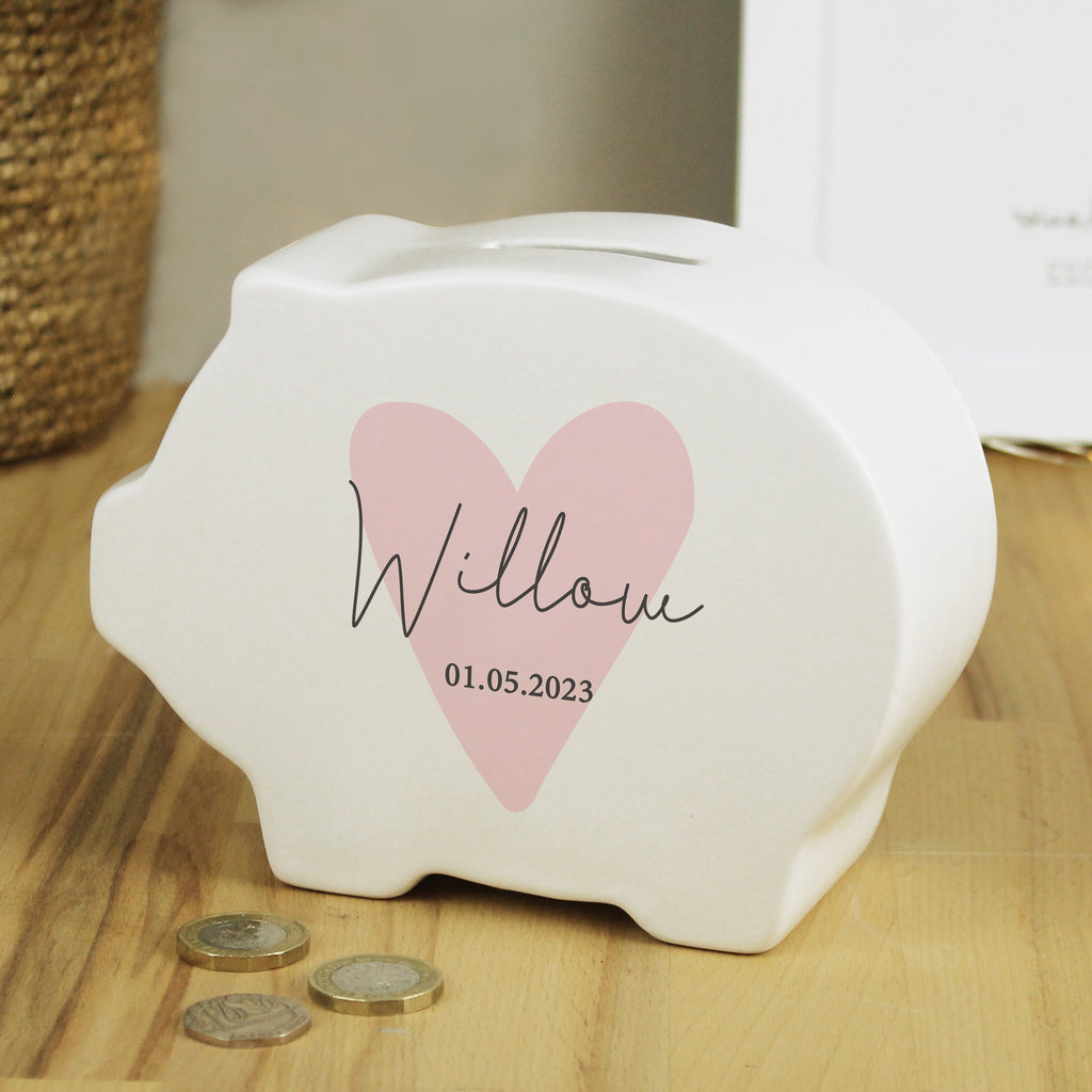 Personalised Pink Heart Piggy Bank - Buy Money Boxes at GiftMasters.co.uk