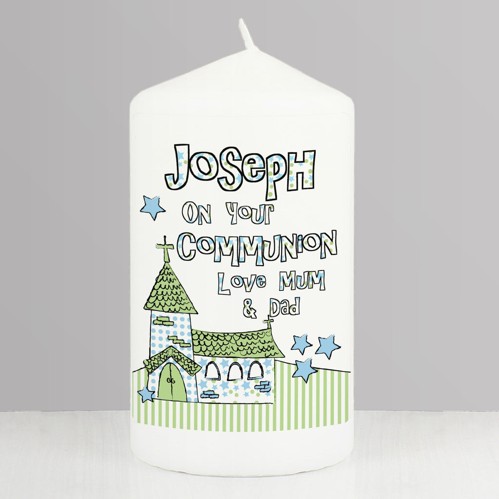 Personalised Blue Church Pillar Candle - Buy Candles & Reed Diffusers at GiftMasters.co.uk
