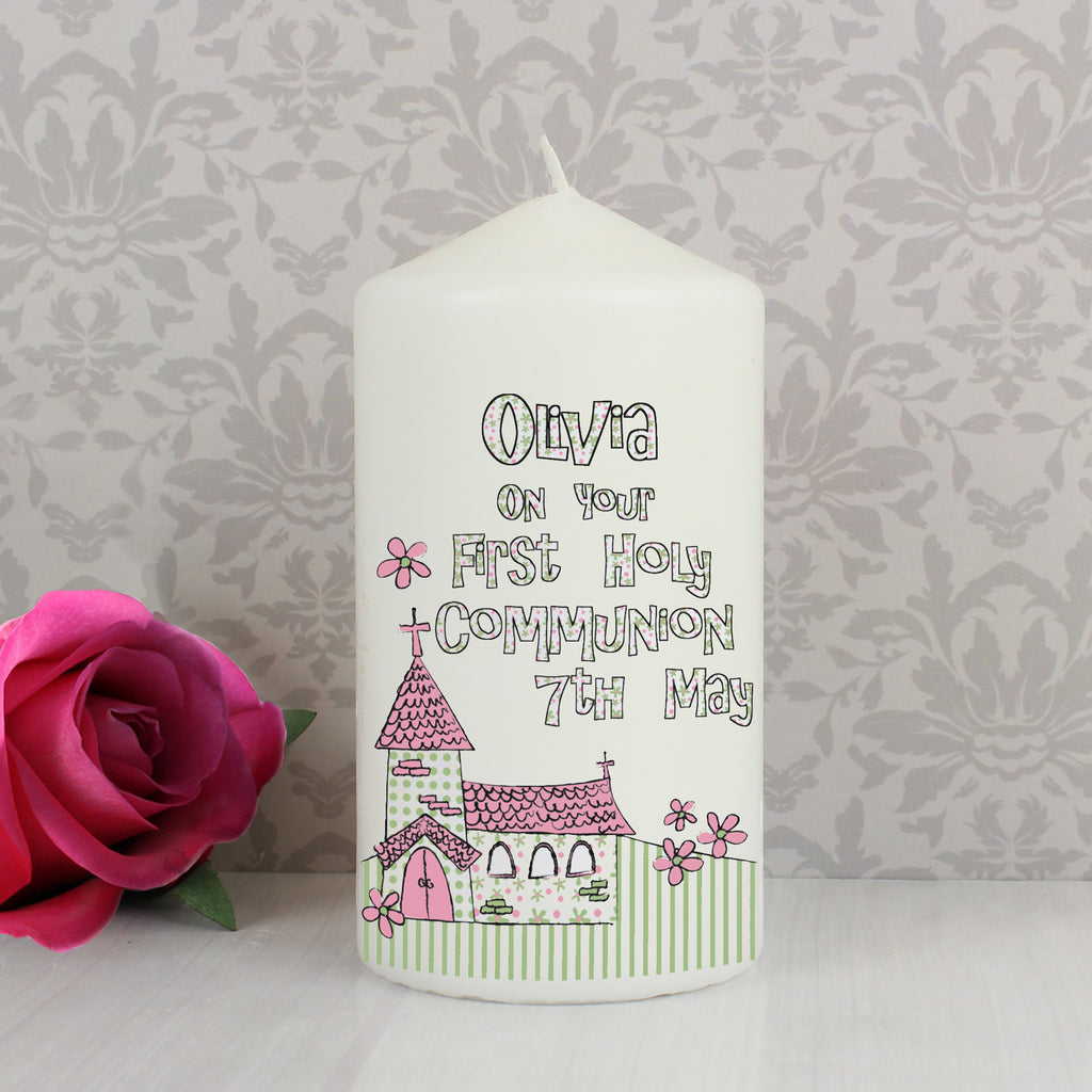 Personalised Whimsical Church Pink 1st Holy Communion Pillar Candle - Buy Candles & Reed Diffusers at GiftMasters.co.uk