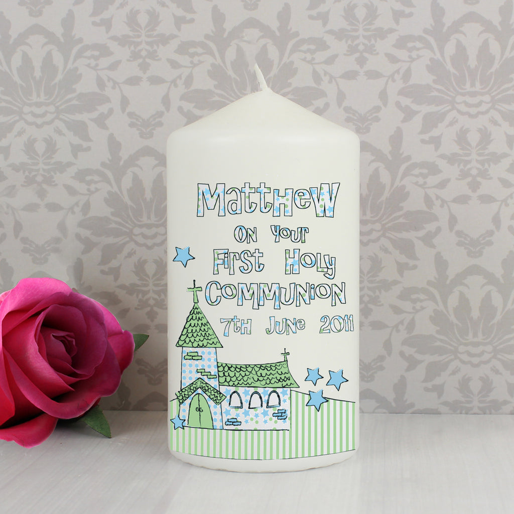 Personalised Whimsical Church Blue 1st Holy Communion Pillar Candle - Buy Candles & Reed Diffusers at GiftMasters.co.uk
