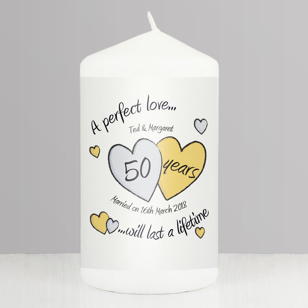 Personalised A Perfect Love Golden Anniversary Pillar Candle - Buy Candles & Reed Diffusers at GiftMasters.co.uk