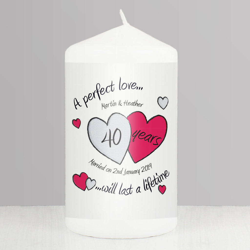 Personalised A Perfect Love Ruby Anniversary Pillar Candle - Buy Candles & Reed Diffusers at GiftMasters.co.uk