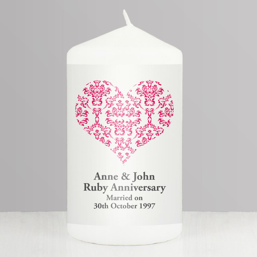 Personalised Ruby Damask Heart Pillar Candle - Buy Candles & Reed Diffusers at GiftMasters.co.uk