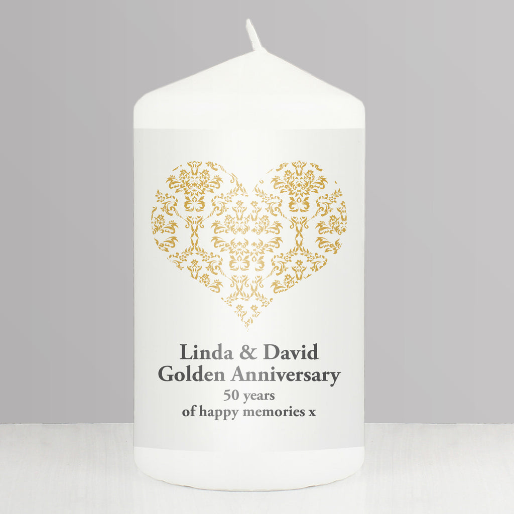 Personalised Gold Damask Heart Pillar Candle - Buy Candles & Reed Diffusers at GiftMasters.co.uk