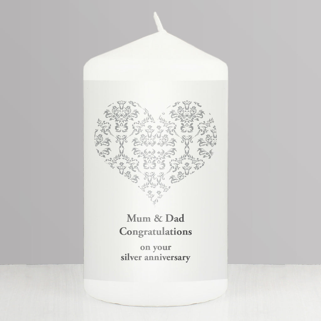 Personalised Silver Damask Heart Pillar Candle - Buy Candles & Reed Diffusers at GiftMasters.co.uk