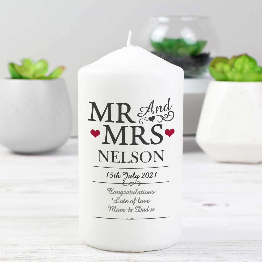 Personalised Mr & Mrs Pillar Candle - Buy Candles & Reed Diffusers at GiftMasters.co.uk
