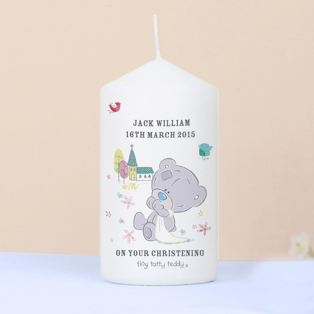 Personalised Tiny Tatty Teddy Christening Pillar Candle - Buy Candles & Reed Diffusers at GiftMasters.co.uk