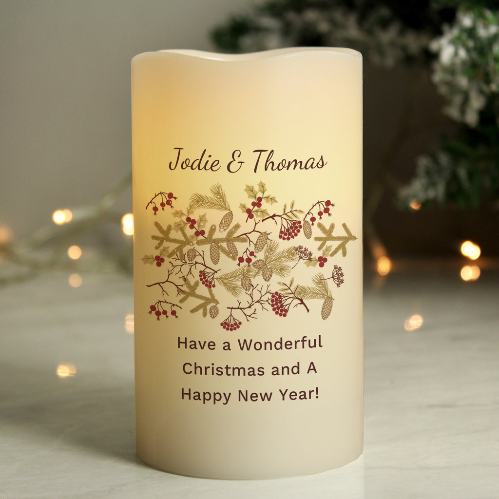 Personalised Christmas Floral LED Candle - Buy LED Lights, Candles & Decorations at GiftMasters.co.uk