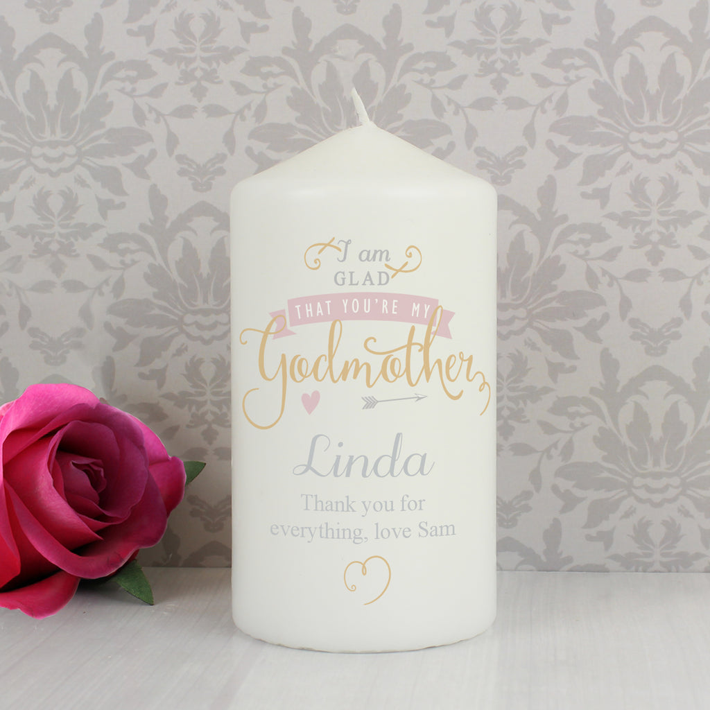 Personalised I Am Glad... Godmother Pillar Candle - Buy Candles & Reed Diffusers at GiftMasters.co.uk