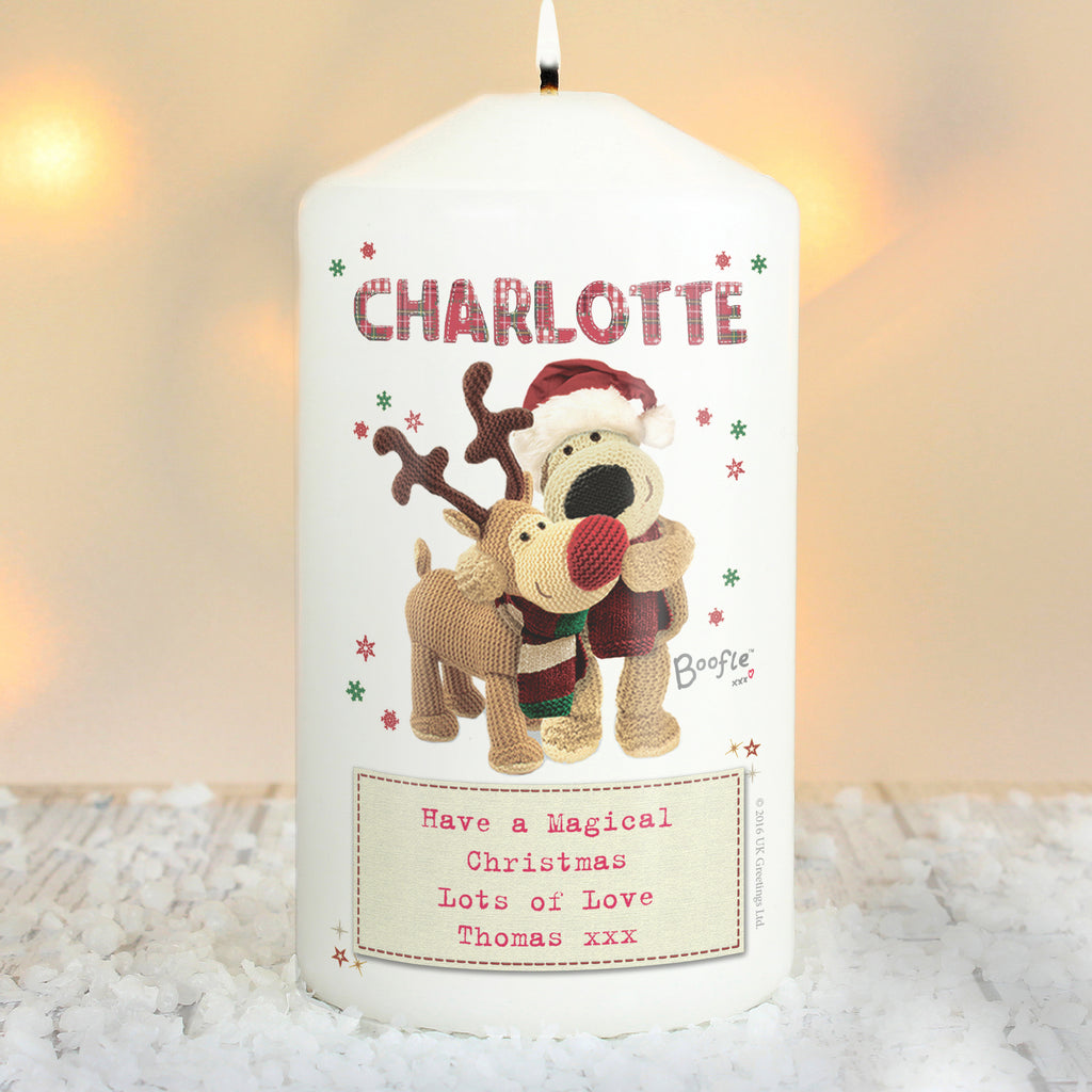 Personalised Boofle Christmas Reindeer Pillar Candle - Buy Candles & Reed Diffusers at GiftMasters.co.uk