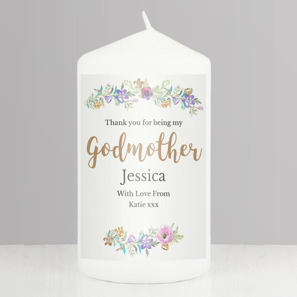 Personalised Godmother 'Floral Watercolour' Pillar Candle - Buy Candles & Reed Diffusers at GiftMasters.co.uk