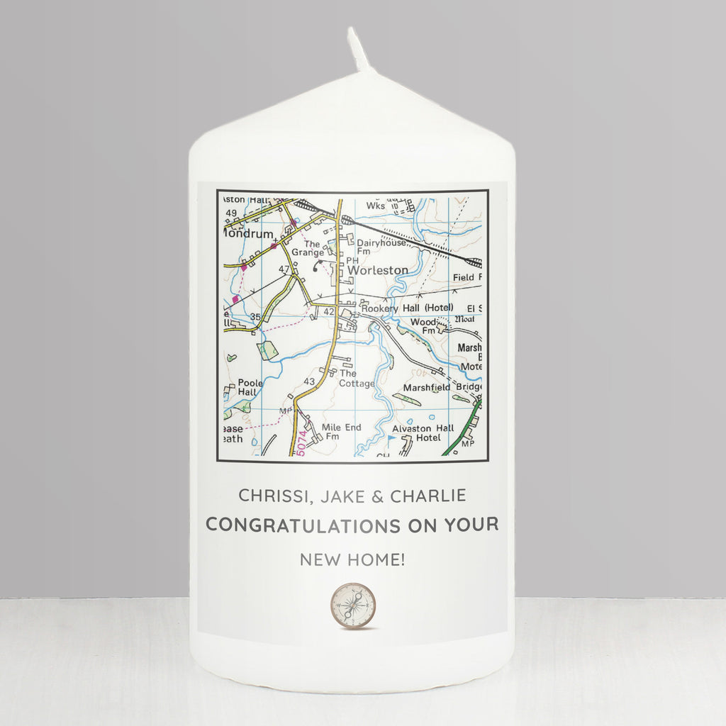 Personalised Present Day Map Compass Pillar Candle - Buy Candles & Reed Diffusers at GiftMasters.co.uk
